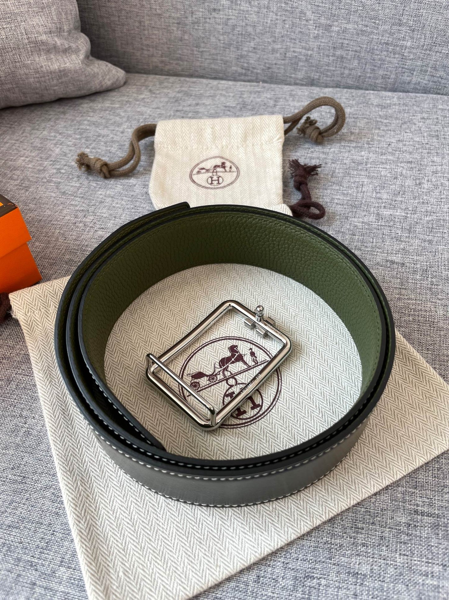 H TUBE BELT 38MM SILVER BUCKLE GREEN BLACK LEATHER