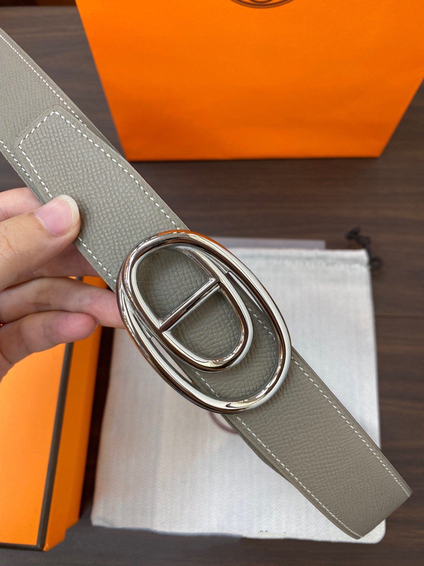 H ODYSSEE RIVERSIBLE BELT 32MM SILVER BUCKLE WHITE GREY LEATHER