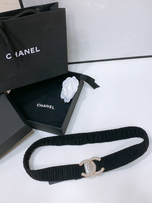 CC ELASTIC BELT 30MM IN BLACK WOOL FABRIC GOLD HARDWARE WITH RHINSTONES