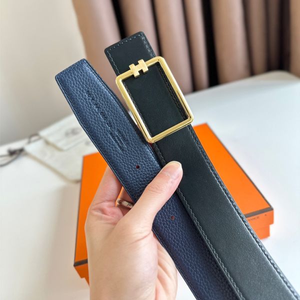 HERM Tube H Reversible Belt 38MM in Blue Clemence Leather