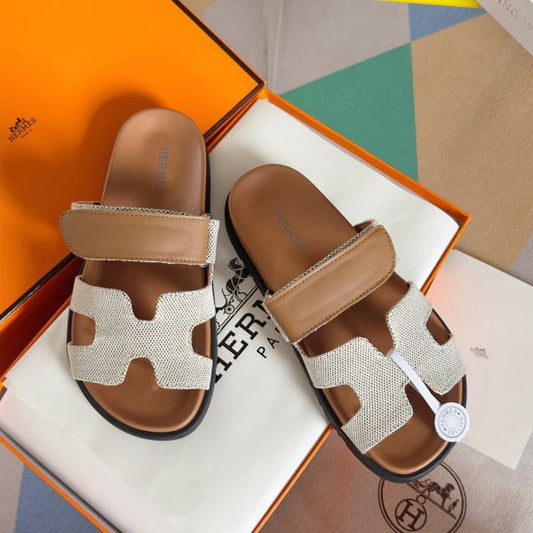 HERM Men's Chypre Sandals In Canvas with Brown Leather