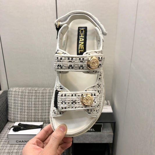 DAD SANDAL IN WHITE MIX BLACK TWEED FABRIC
