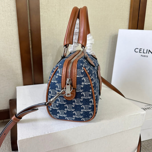 SMALL BOSTON 19 IN SPACE BLUE TRIOMPHE DENIM AND BROWN CALFSKIN TRIM