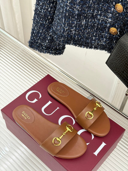SLIDE SANDALS IN BROWN CALFSKIN WITH GOLD HARDWARE