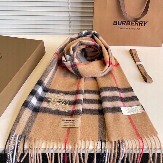 CLASSIC CHECK SCARF 180 CM IN CAMEL BROWN MIX BLACK CASHMERE 394772