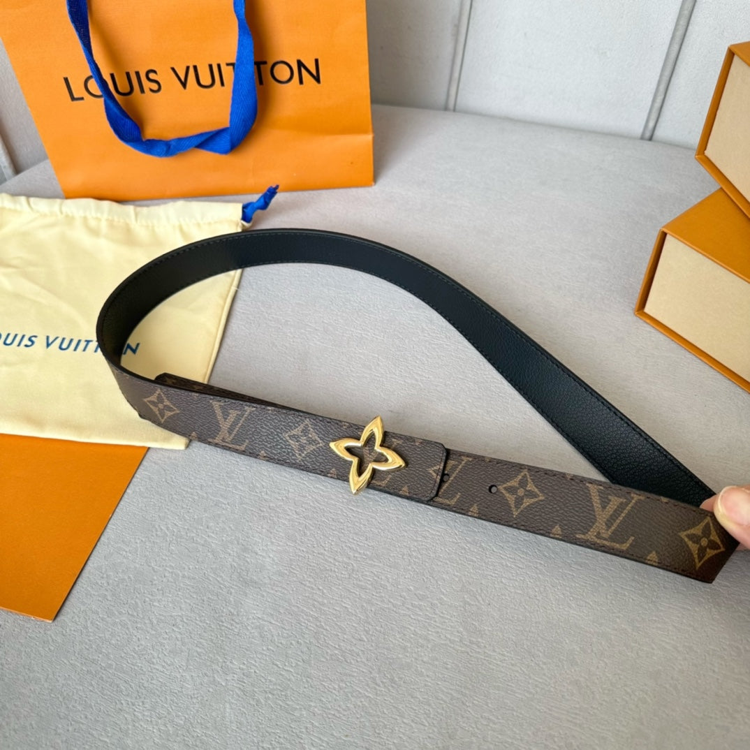 LV MINI FLOWERGRAM 30MM REVERSIBLE BELT IN BLACK CALFSKIN GOLD HARDWARE