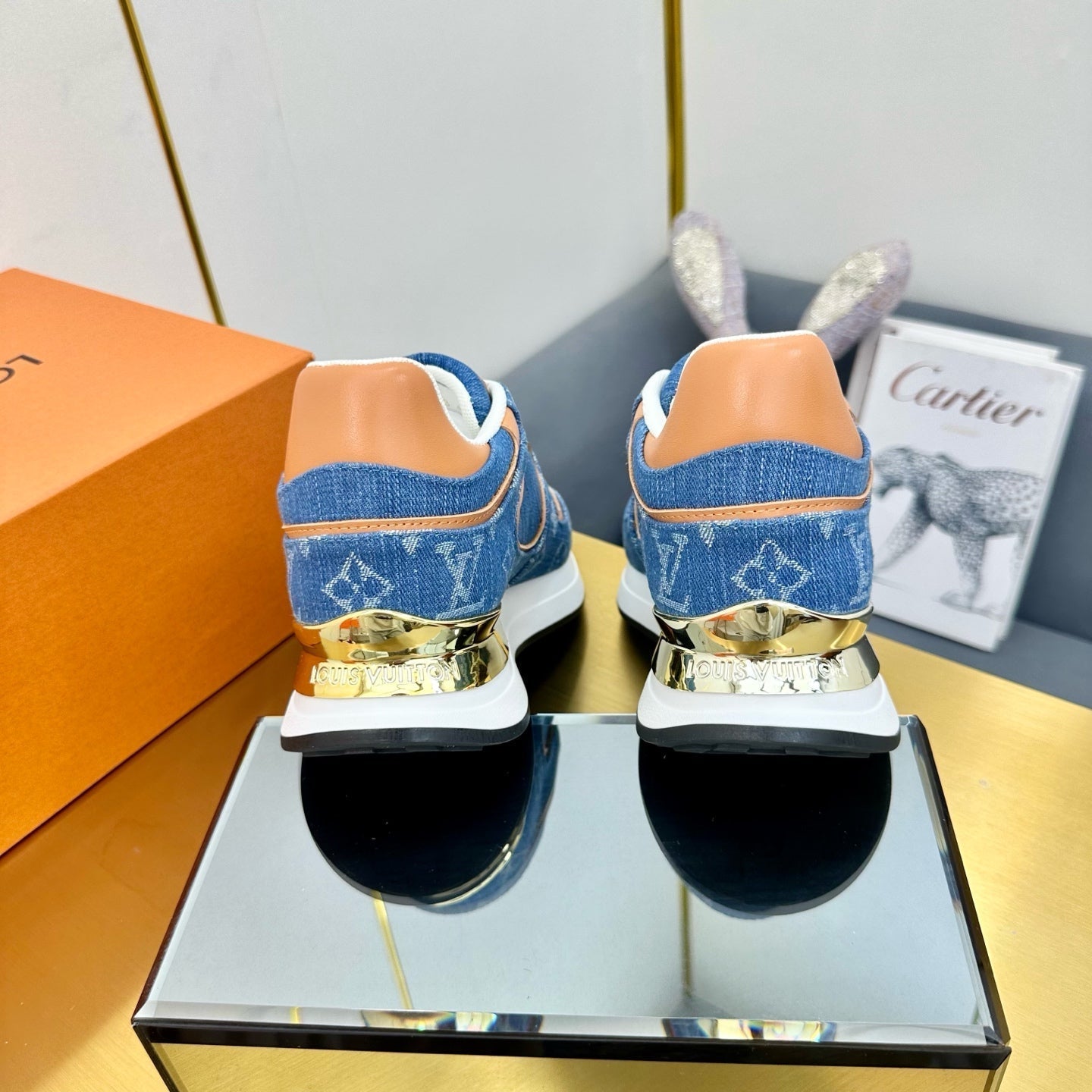 NEO RUN AWAY SNEAKER IN CLASSIC BLUE MONOGRAM DENIM AND ORANGE CALFSKIN