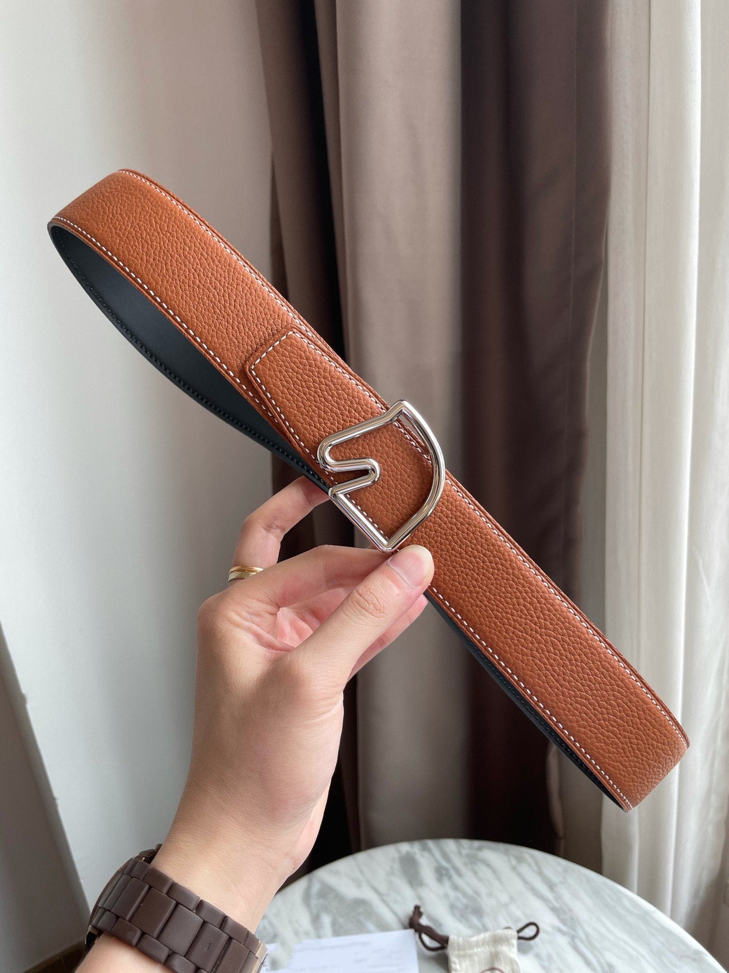 H BELT HORSE BUCKLE BROWN BLACK LEATHER REVERSIBLE  3.8CM