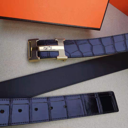 H BELT STEEL BUCKLE CROCODILE-PATTERNED BLACK LEATHER  40MM