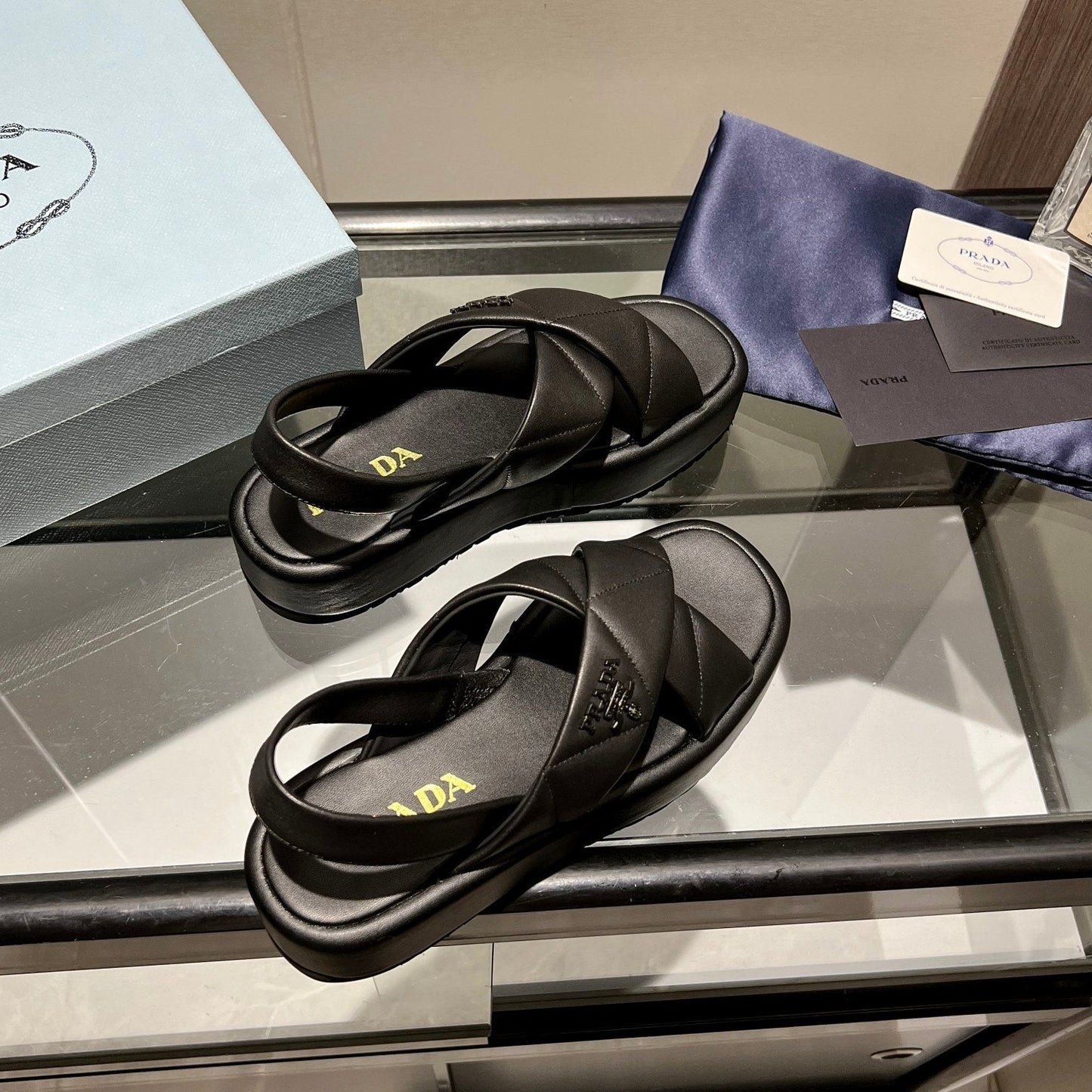 PRA PADDED CRISSCROSS SANDALS BLACK LAMBSKIN
