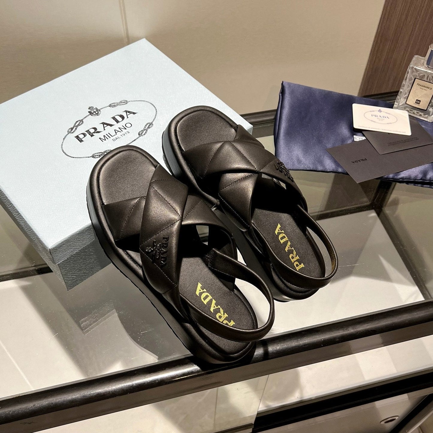 PRA PADDED CRISSCROSS SANDALS BLACK LAMBSKIN