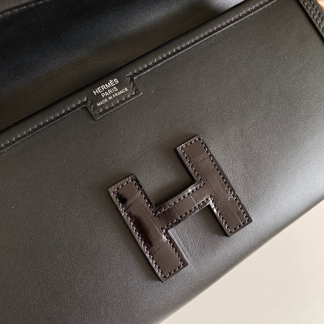 JIGE ELAN 29 CLUTCH IN BLACK CALFSKIN WITH LIZARD SKIN