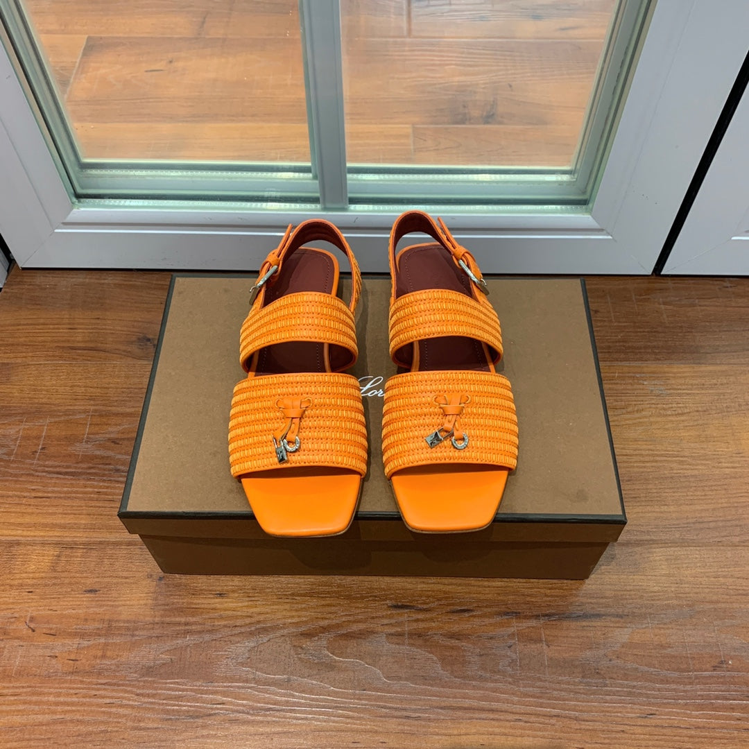 LP RAFFIA CHARMS STRAP FLATS SANDAL ORANGE CALFSKIN