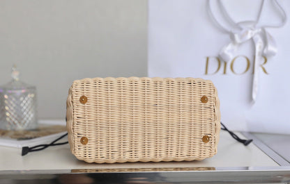 LADY 24 BASKET BAG IN BLACK OBLIQUE JACQUARD MIX BEIGE WICKER