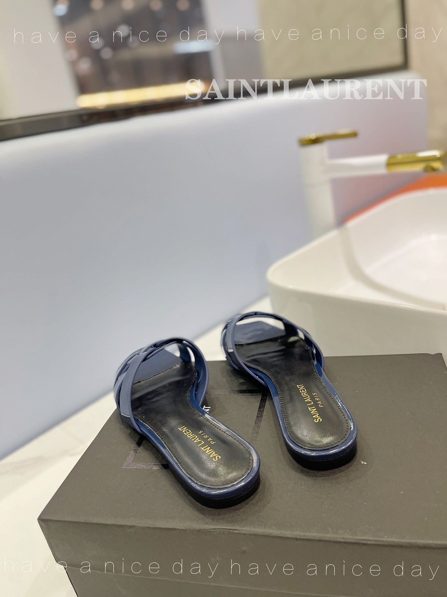 SL TRIBUTE SLIPPERS GLOSSY NAVY CALFSKIN