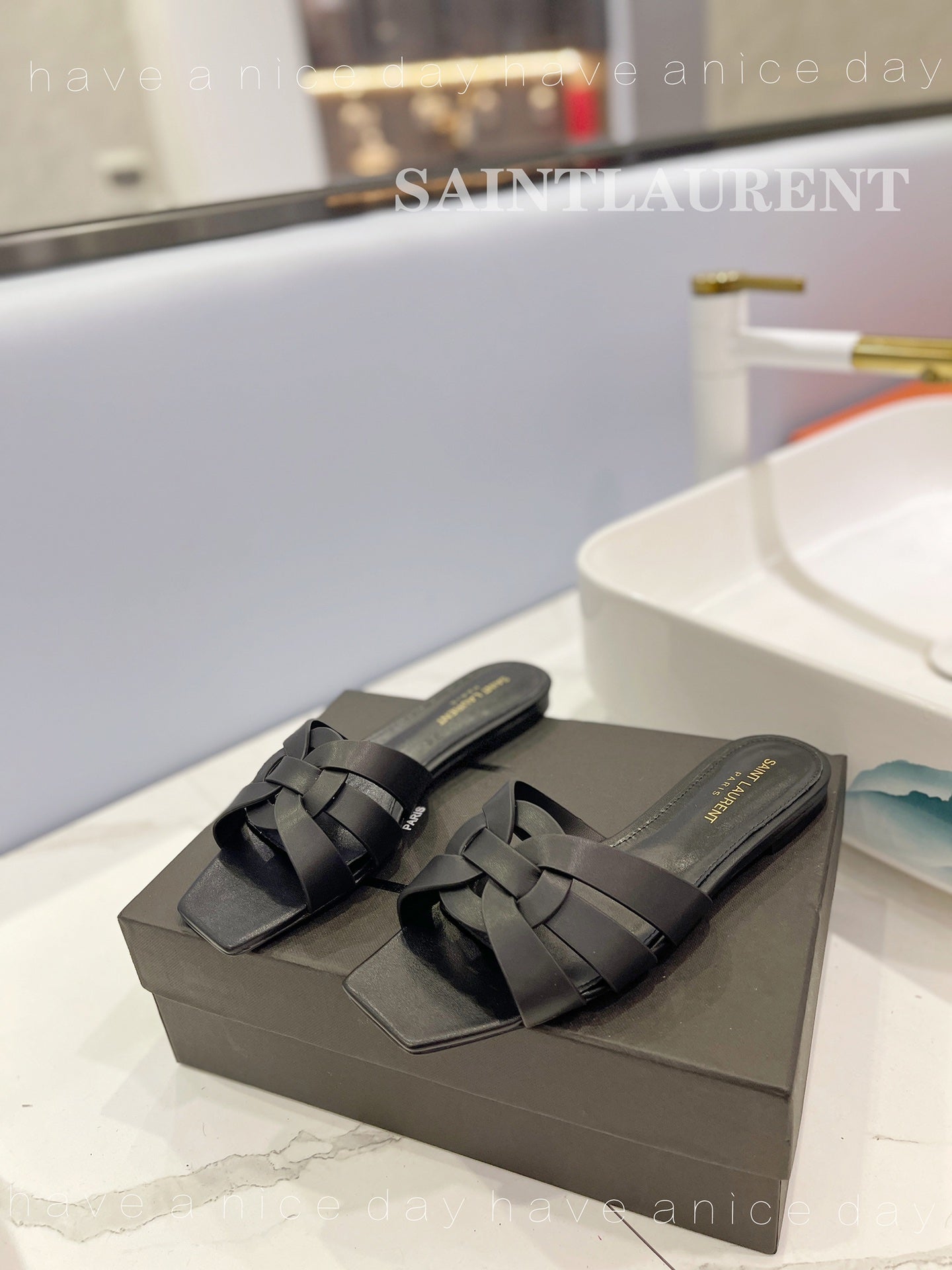 SL TRIBUTE SLIPPERS BLACK CALFSKIN