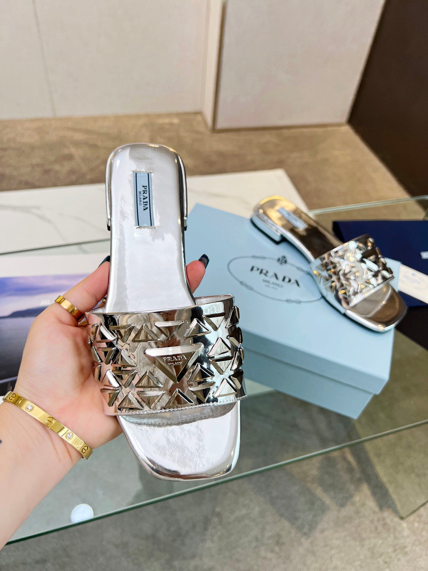 PRA EMBROIDERED SLIDES FLAT SILVER CALFSKIN