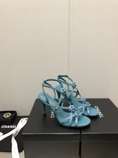 FLORAL HIGH HEEL SANDAL IN SAPPHIRE BLUE LAMBSKIN