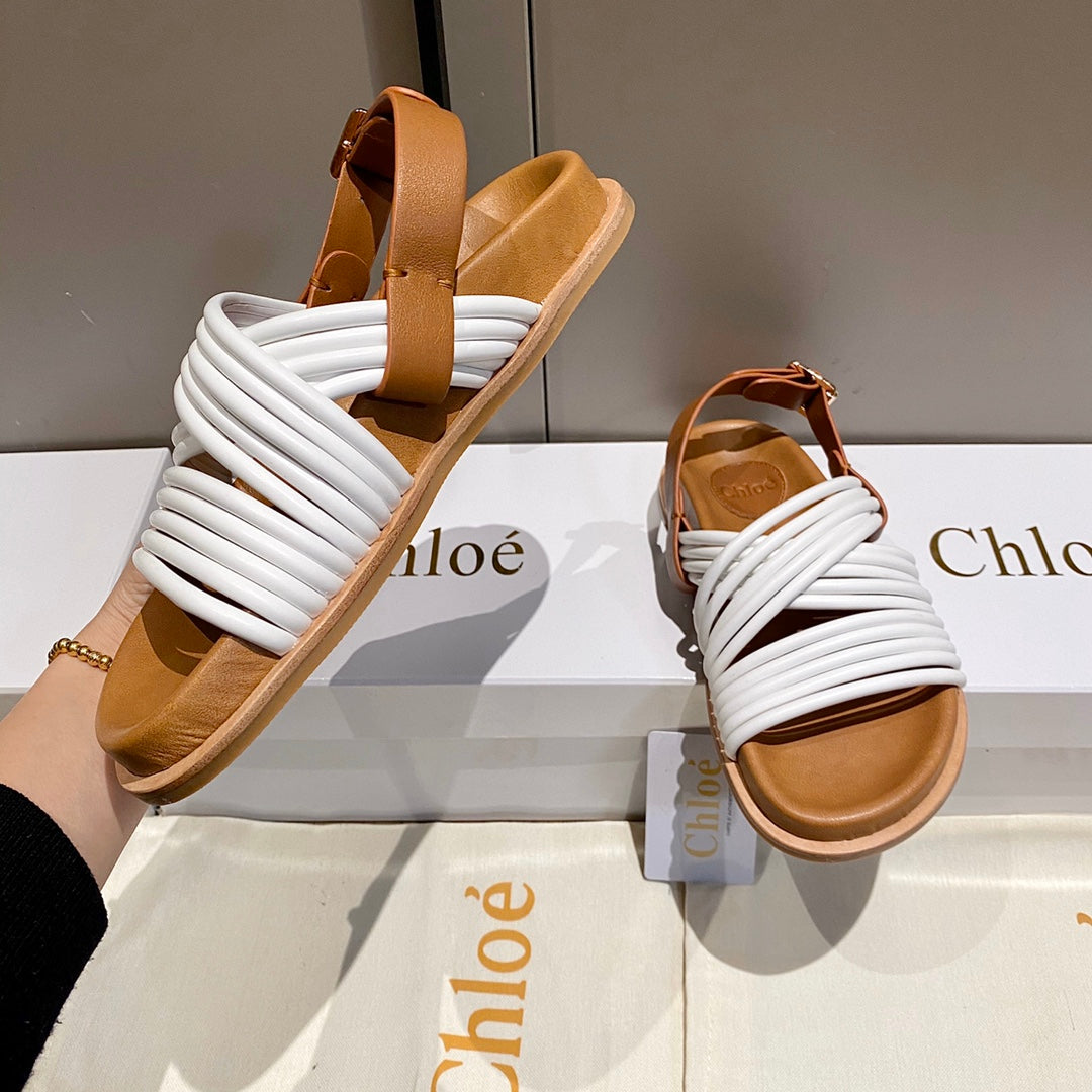 CROSS STRAP SANDAL IN WHITE MIX BRONZE BROWN RUBBER WITH GOLD HARDWARE