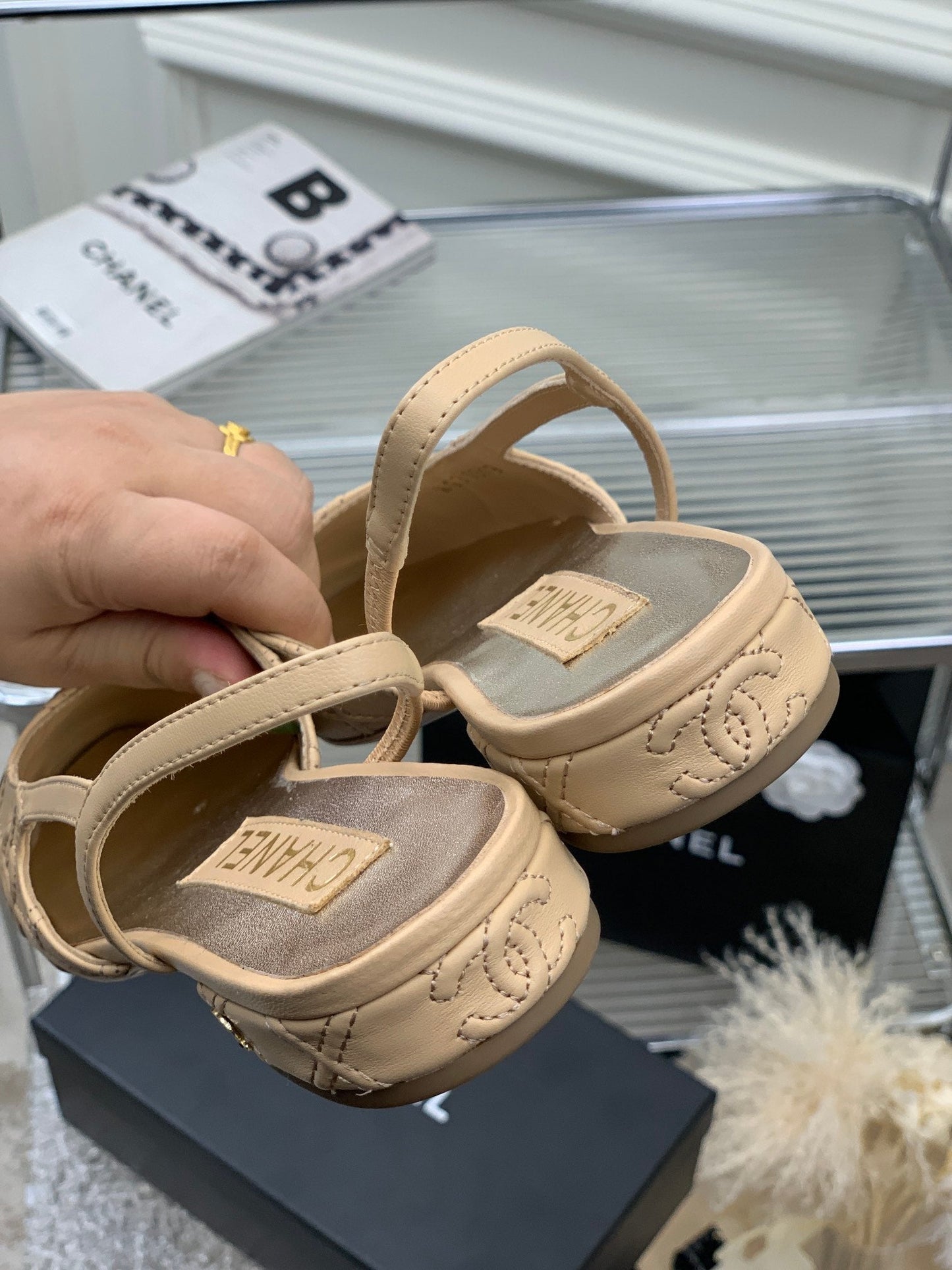 SLINGBACKS 20 BEIGE CREAM MIX BLACK CALFSKIN