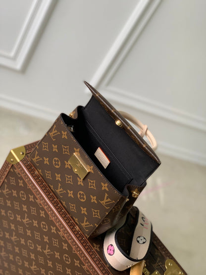 CLUNY BB MINI HANDBAG 20 IN BROWN MONOGRAM CALFSKIN BEIGE BLACK EMBROIDERED LOGO CANVAS