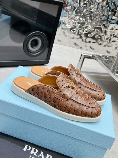 PRA OSTRICH PATTERN MULES CARAMEL CALFSKIN