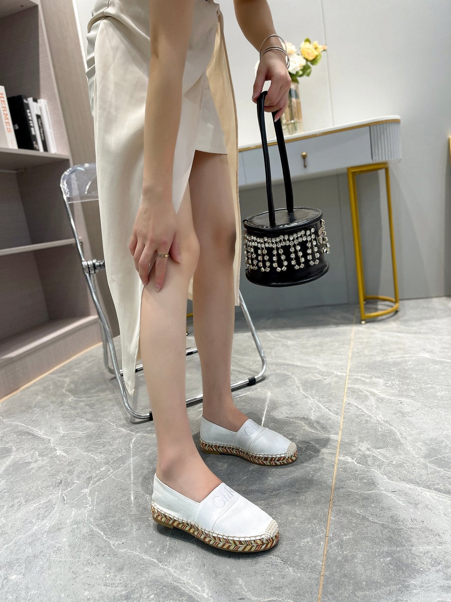 LOAFERS IN WHITE FABRIC AND RAFFIA