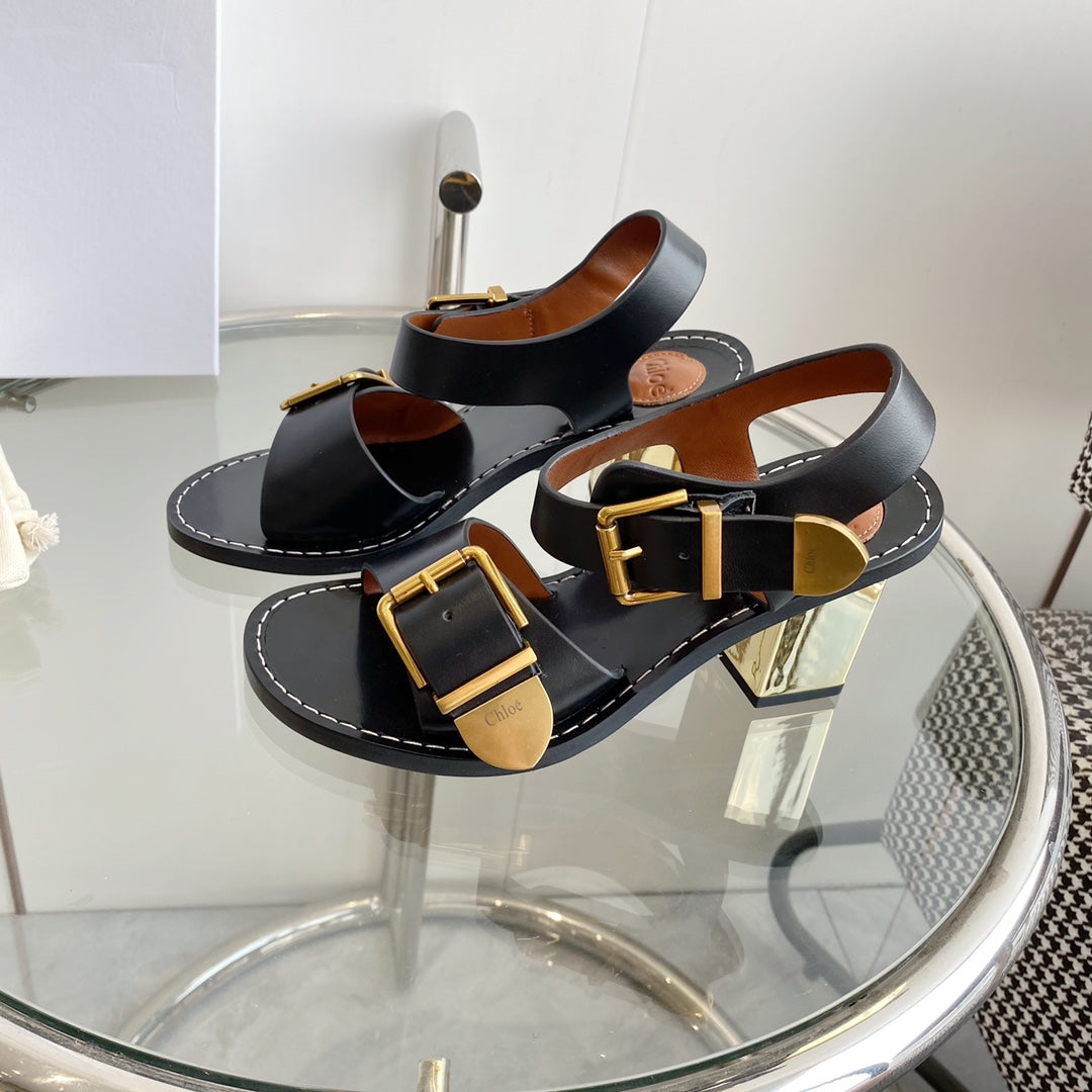 REBECCA LOW HEELED SANDAL IN BLACK LAMBSKIN GOLD HARDWARE