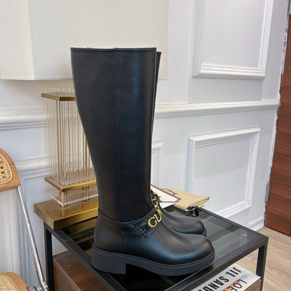 GG CLASSIC LOGO KNEE HIGH BOOTS IN BLACK CALFSKIN