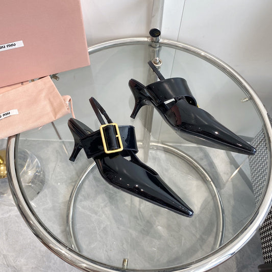 HIGH-SLINGBACK POINTED TOE SANDALS BLACK COWHIDE