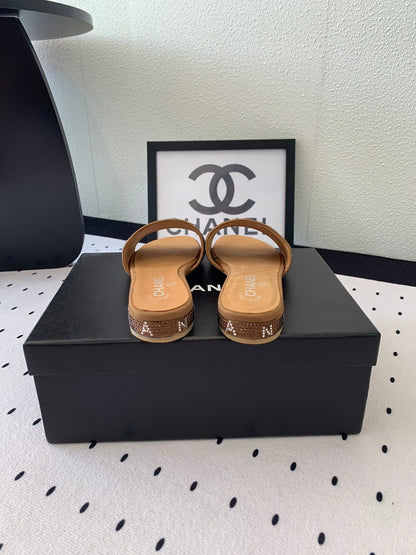 CC RHINESTONE LETTER SLIPPERS CINNAMON BROWN LAMBSKIN
