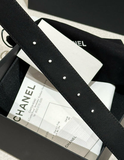 DOUBLE C BELT 30MM IN BLACK CALFSKIN EMBOSSED LOGO GOLD BUCKLE