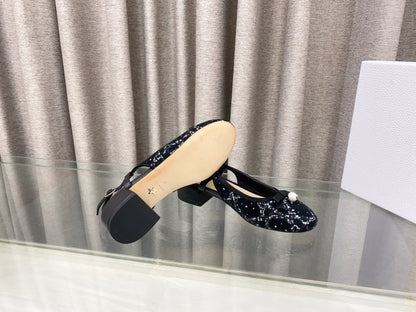 PEARL MARY JANE SLINGBACKS IN BLACK MIX WHITE TWEED 30 MM