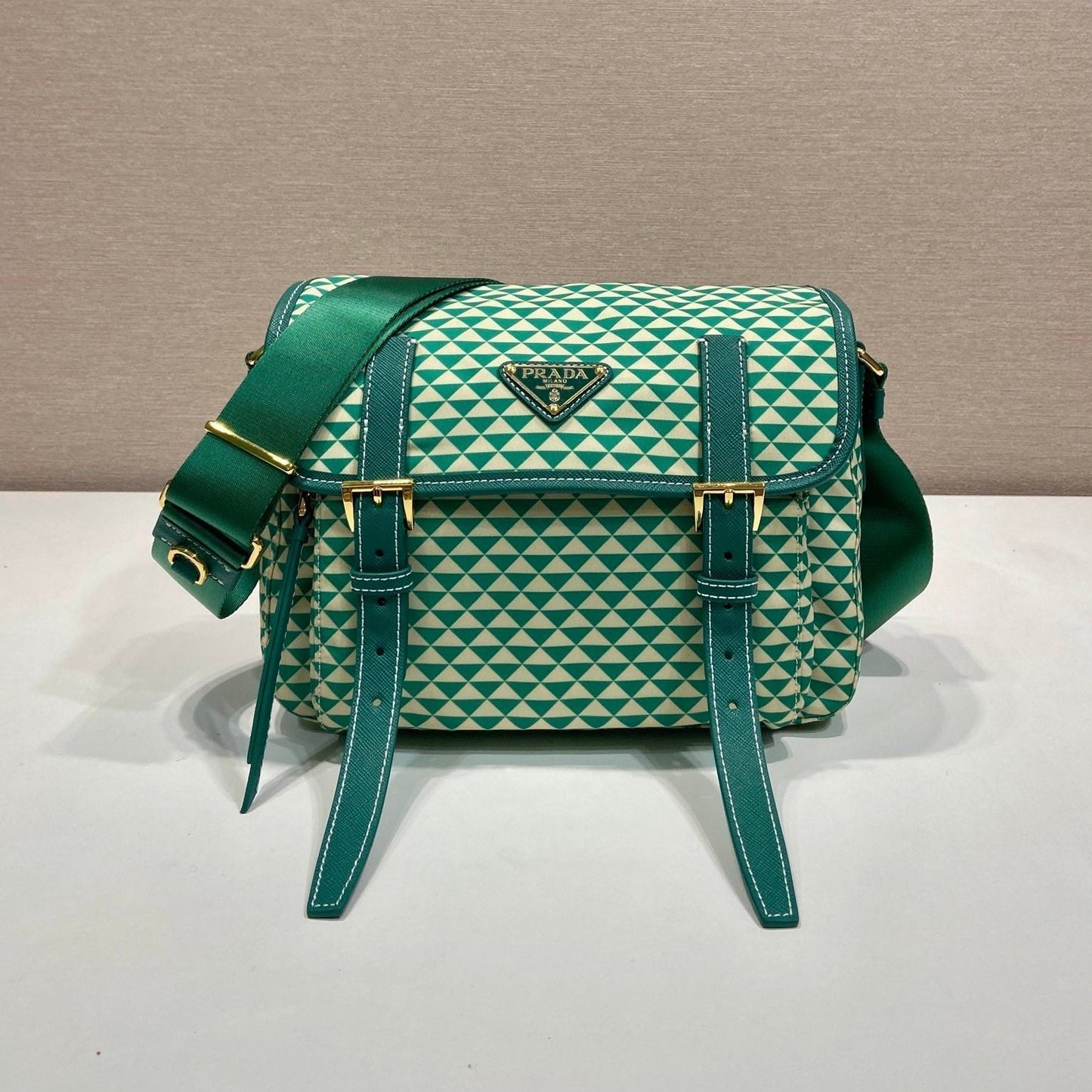 MESSENGER BAG 25 IN FOREST GREEN MIX CREAM TRIANGLE PATTERN EMBROIDERED FABRIC
