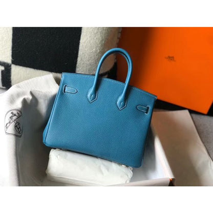 HERM Birkin 25cm Bag In Blue Jean Clemence Leather GHW