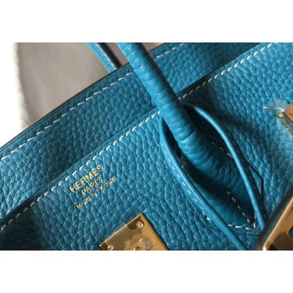 HERM Birkin 25cm Bag In Blue Jean Clemence Leather GHW