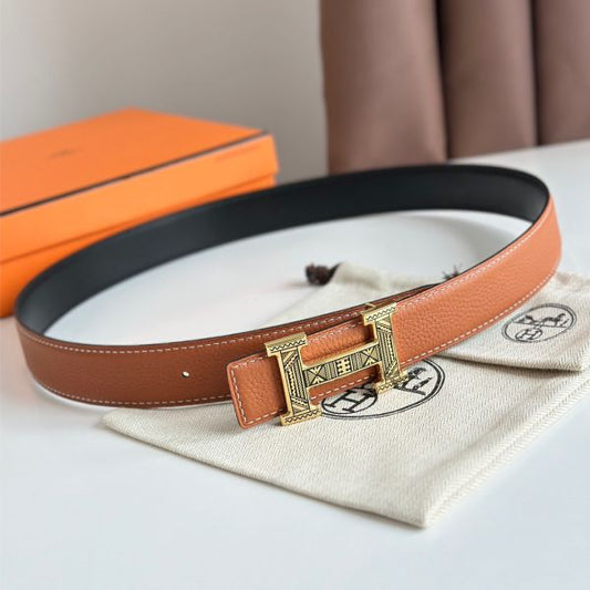 HERM H Touareg Reversible Belt 32MM in Gold Clemence Leather