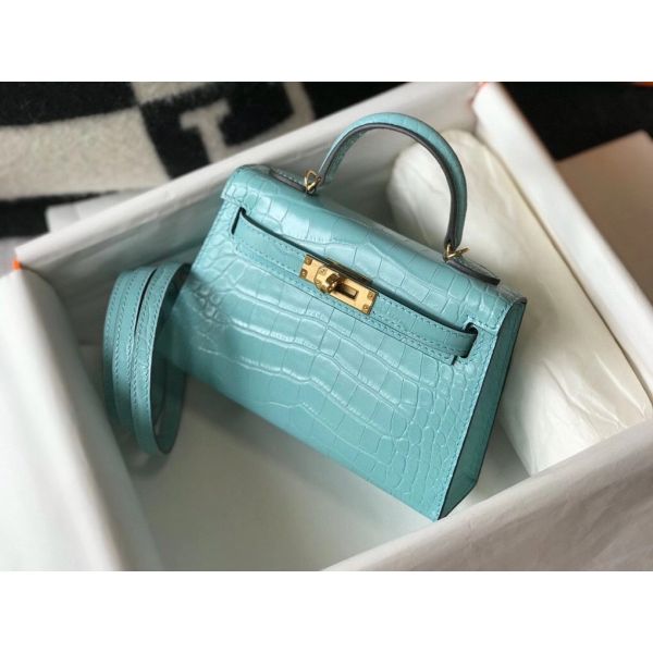 HERM Kelly Mini II Bag In Blue Atoll Embossed Crocodile Leather