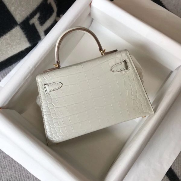 HERM Kelly Mini II Bag In Beton Embossed Crocodile Leather