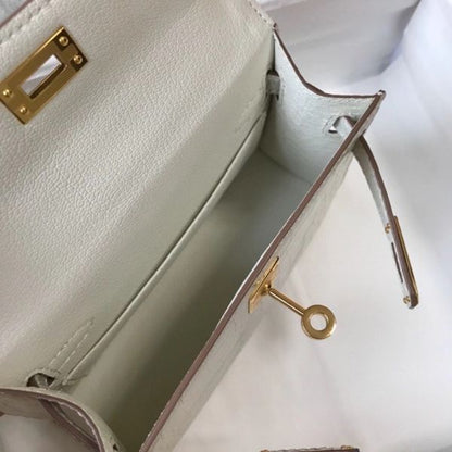 HERM Kelly Mini II Bag In Beton Embossed Crocodile Leather