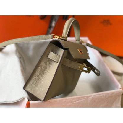 HERM Kelly Mini II Bag In Gris Tourterelle Epsom Leather GHW