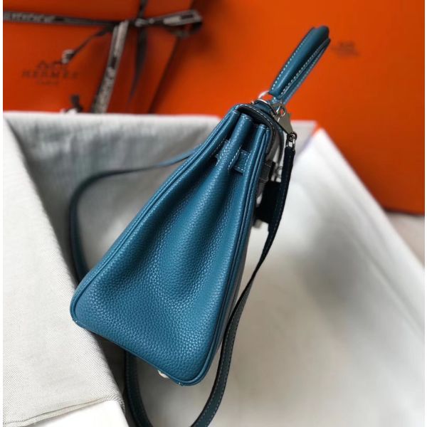 HERM Kelly 25cm Retourne Bag In Blue Jean Clemence Leather