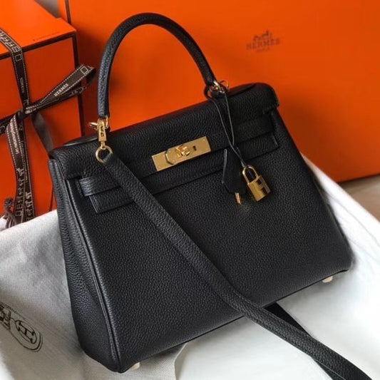 HERM Kelly 25cm Retourne Bag In Black Clemence Leather