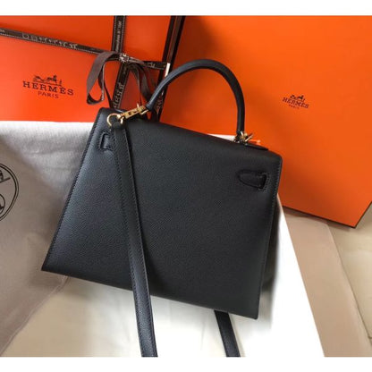 HERM Kelly 25cm Sellier Bag In Black Epsom Leather