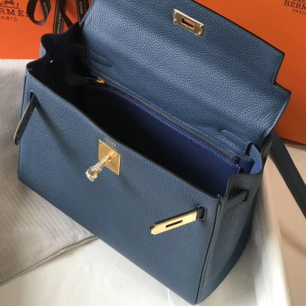 HERM Kelly 28cm Bag In Blue Agate Clemence Leather GHW