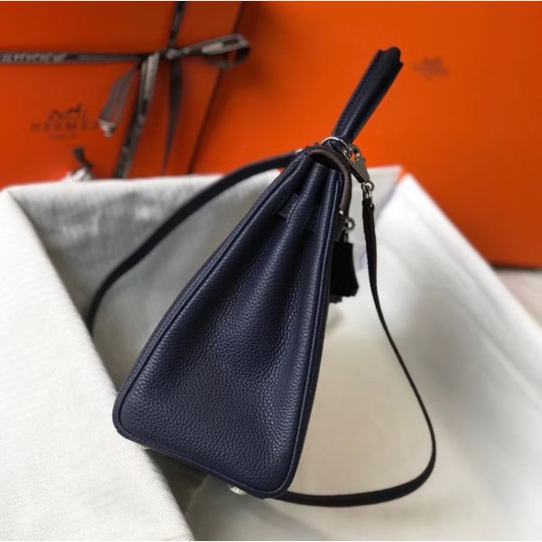 HERM Kelly 28cm Bag In Dark Blue Clemence Leather PHW