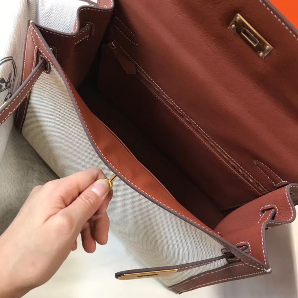 HERM Kelly 32cm Bag In Toile Canvas With Barenia Leather