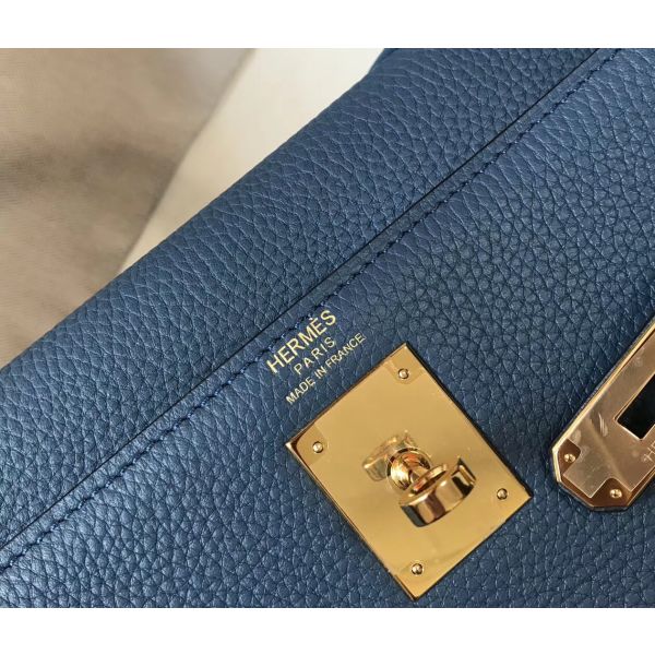 HERM Kelly 32cm Bag In Blue Agate Clemence Leather GHW