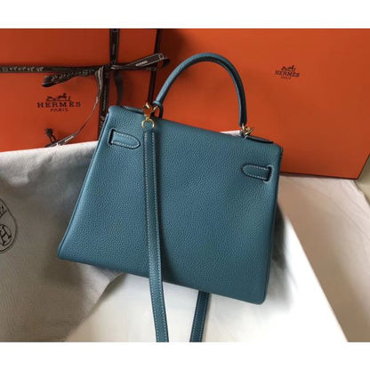 HERM Kelly 32cm Bag In Blue Jean Clemence Leather GHW