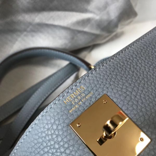 HERM Kelly 32cm Bag In Blue Lin Clemence Leather GHW